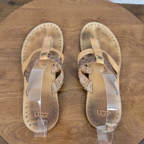 UGG Australia Audra Women Sandals Size 10 Tan Leather Flat Braided Slip On Thong - Picture 4 of 7